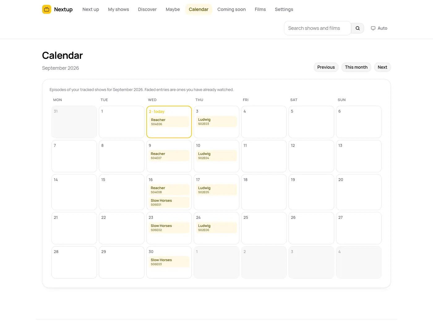 A month calendar in Nextup, with each day showing the shows that air on it.