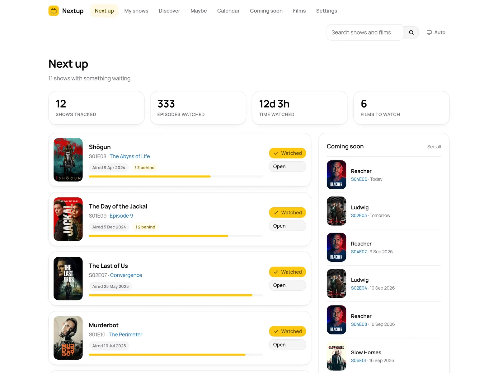 The Nextup dashboard. A Next up list shows Shogun, The Day of the Jackal, The Last of Us and Murderbot, each with the exact episode to watch next, a progress bar and a Watched button. A sidebar lists episodes airing soon.