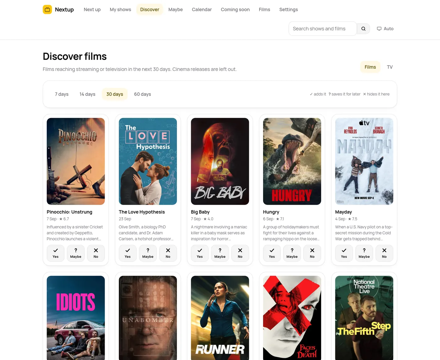 The Discover films page in Nextup, a grid of film posters each with a tick, question mark and cross button underneath.