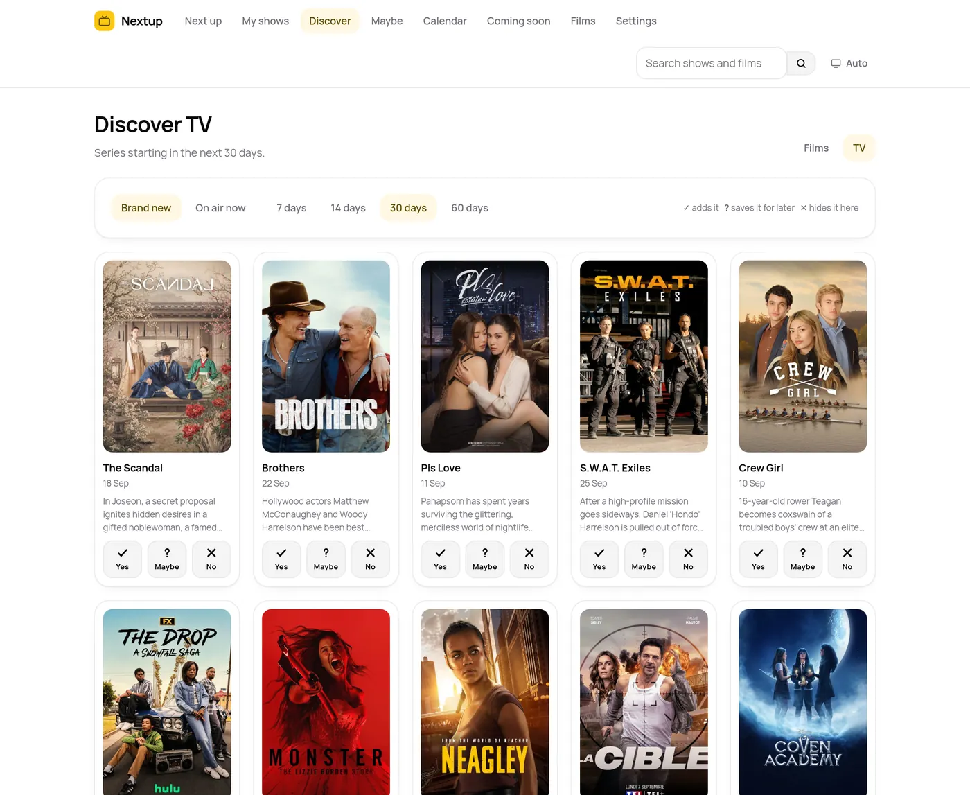 The Discover TV page in Nextup, a grid of series posters each with tick, question mark and cross buttons.