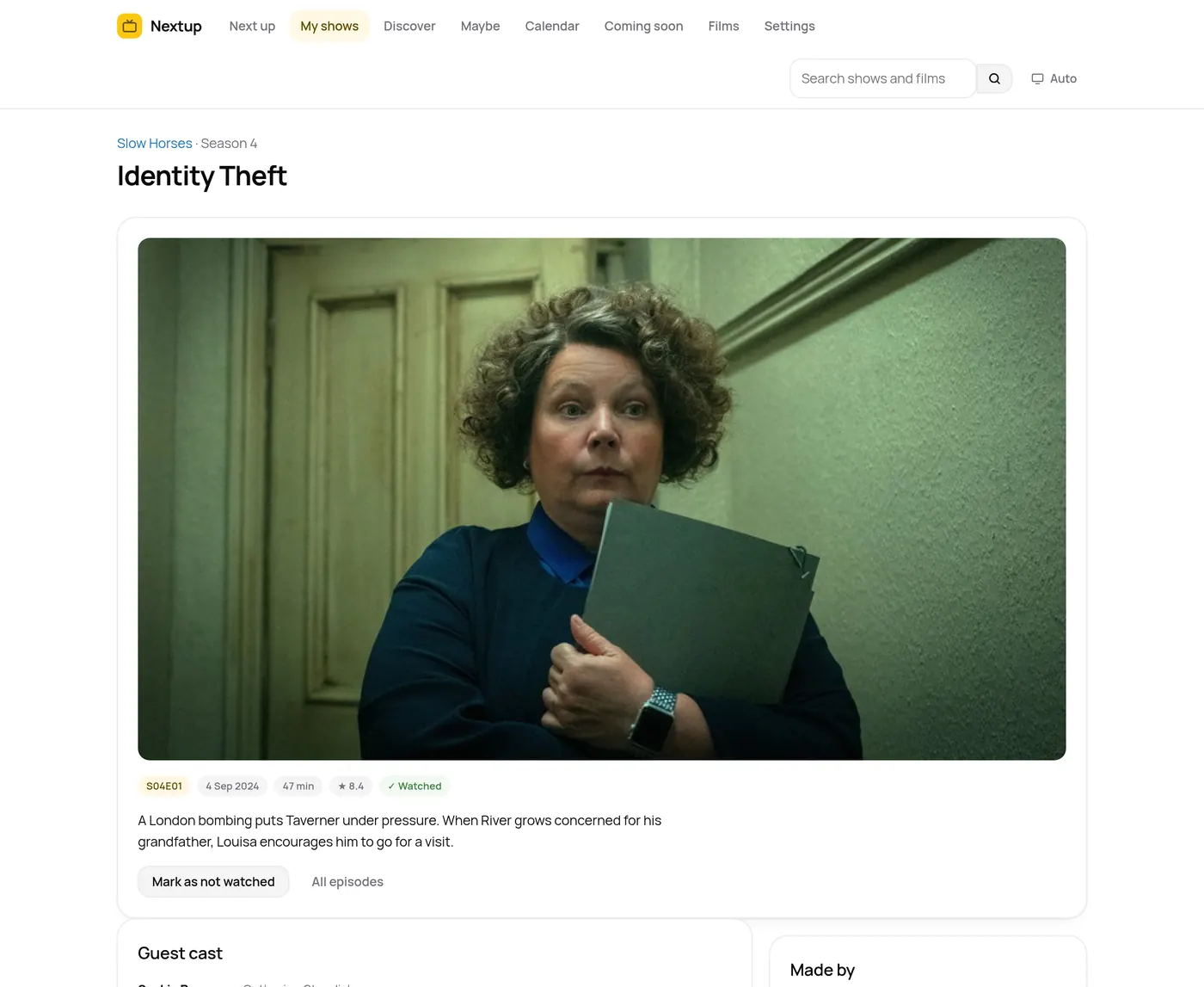 An episode page in Nextup, with the still from the episode, its synopsis, air date and guest cast.