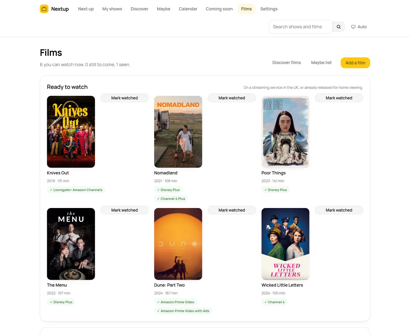 The Films page in Nextup, split into Ready to watch with service names under each poster, and Coming to streaming listing films with their streaming dates.