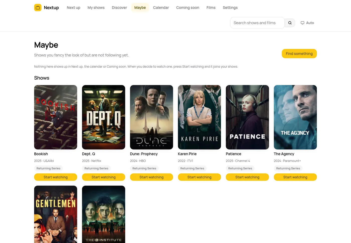 The Maybe page in Nextup, a grid of posters for shows not currently being followed, each with a Start watching button.