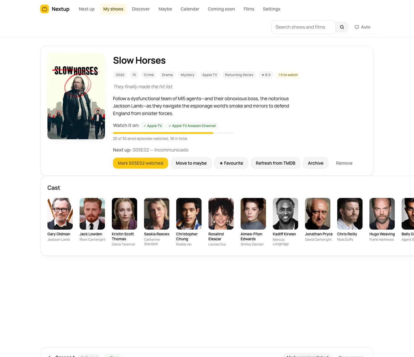 The Slow Horses page in Nextup, showing seasons one to five with tick counts, a Mark season watched button on each, and the episode list for season five open.