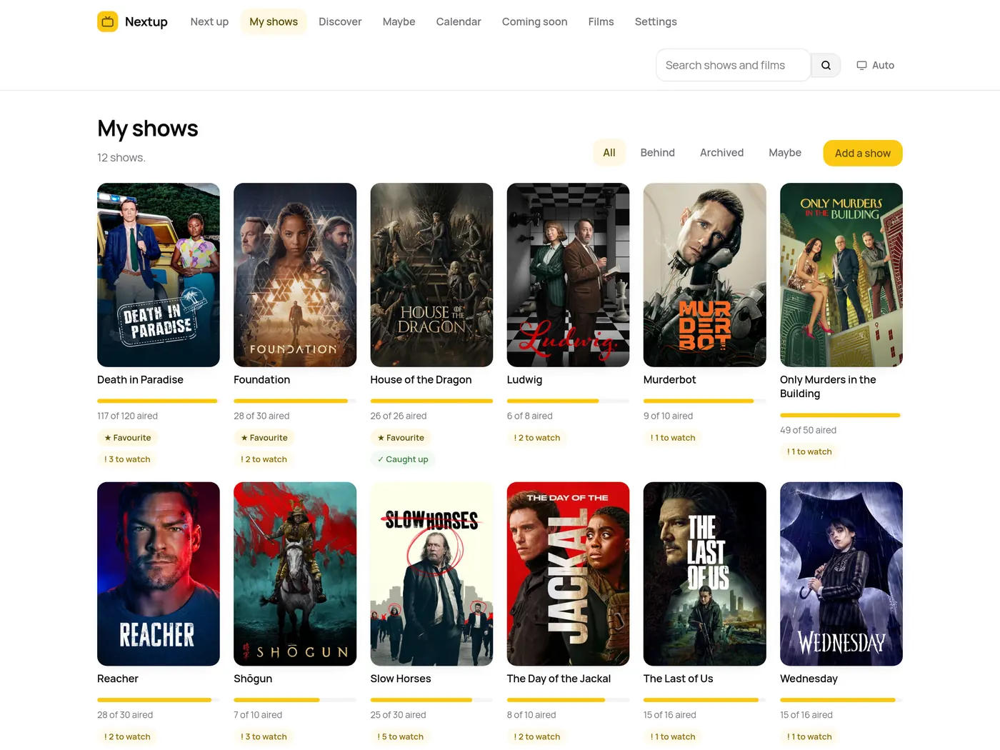 The My shows page in Nextup, a grid of poster thumbnails with a progress bar and a count of episodes left under each.